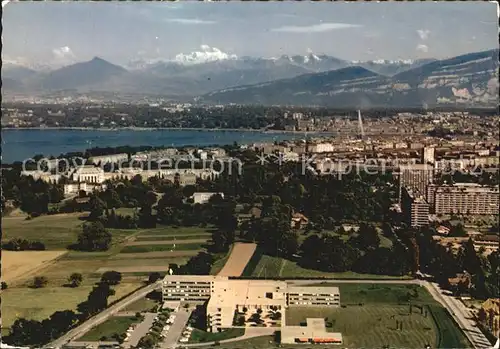 Genf GE oekumenisches Zentrum Genfer See Blick zum Mont Blanc Fliegeraufnahme Kat. Genf