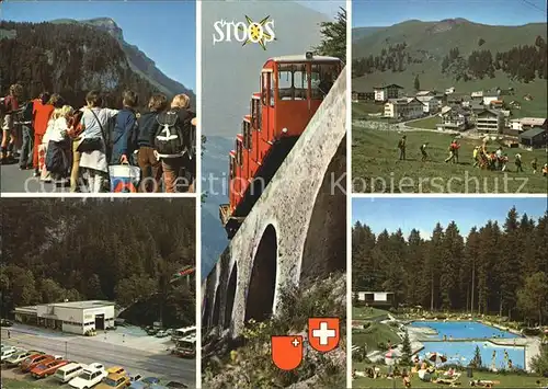 Stoos SZ Fronalpstock Dorfpartie Talstation Schlattli Bergbahn Schwimmbad Kat. Stoos