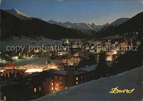 Davos GR Dorfansicht am Abend Alpenpanorama Kat. Davos