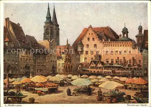 Alt Nuernberg Nuernberger Markt nach Originalgemaelde von Ludwig Moessler Kuenstlerkarte Kat. Nuernberg