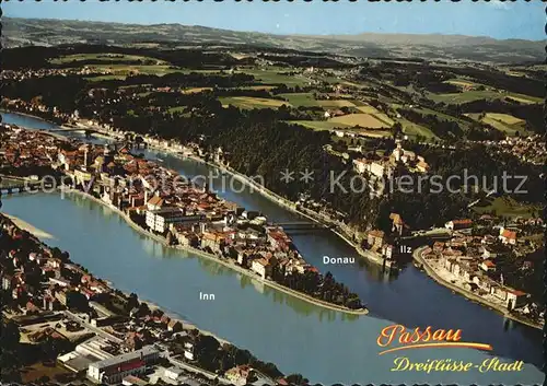 Passau Fliegeraufnahme Drei Fluesse Stadt Donau Inn Ilz Kat. Passau