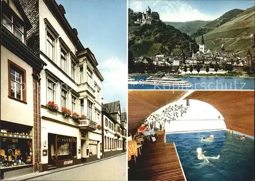 Bacharach Rhein Hotel Apostelhof Hallenbad Ortsansicht mit Kirche Burg Rheindampfer Kat. Bacharach