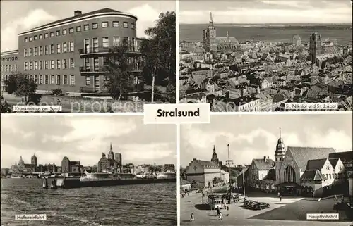 Stralsund Mecklenburg Vorpommern Krankenhaus am Sund Stadtbild mit Kirchen Haupbahnhof Hafeneinfahrt Kat. Stralsund