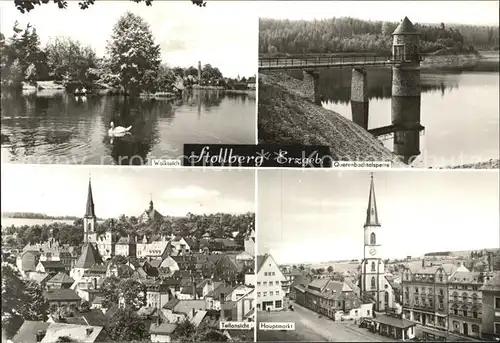 Stollberg Erzgebirge Walkteich Schwaene Querenbachtalsperre Hauptmarkt Teilansicht Kat. Stollberg