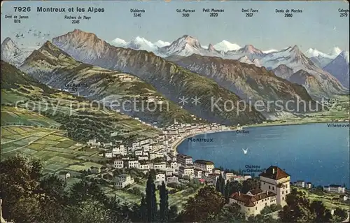 Montreux VD Kartenuebersicht mit den Alpen Kat. Montreux