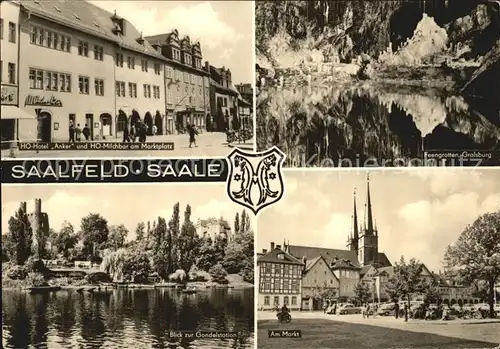 Saalfeld Saale HO Hotel Anker HO Milchbar Marktplatz Feengrotten Gralsburg See Gondelstation Kat. Saalfeld