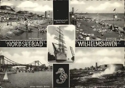 Wilhelmshaven Suedstrand Kaiser Wilhelm Bruecke Strandhalle bei Sturmflut Segelschulschiff Gorch Fock Kat. Wilhelmshaven