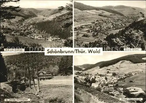 Schoenbrunn Hildburghausen Panorama Blick vom Koepfchen OT Schoenau OT Oberneubrunn Bachlauf im Tannengrund