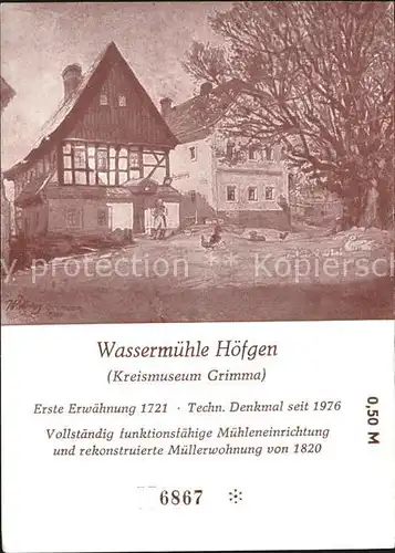 Grimma Wassermuehle Hoefgen Kreismuseum Technisches Denkmal Kuenstlerkarte Kat. Grimma