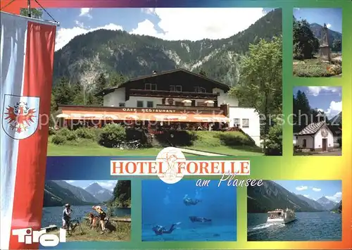 Breitenwang Tirol Hotel Forelle am Plansee Kapelle Radfahrer Taucher Fahrgastschiff Kat. Breitenwang