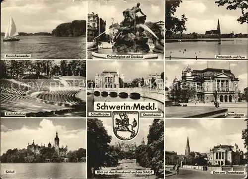 Schwerin Mecklenburg Kaninchenwerder Gruenthalplatz mit Denkmal Pfaffenteich Dom Freilichtbuehne Schlossbruecke Staatstheater Schloss Kreuzkanal Dom Kat. Schwerin