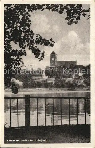 Karl Marx Stadt Uferpartie am Schlossteich Kirche Kat. Chemnitz