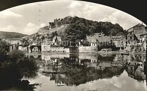 Bad Kreuznach Durchblick auf Kauzenburg und Ellerbach Muendung Wasserspiegelung Kat. Bad Kreuznach