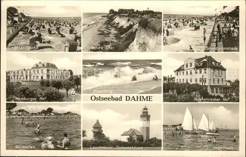 Dahme Ostseebad Strand Hohes Ufer Promenade Hotel Segelboote Leuchtfeuer Dahmeshoeved Brandung Kat. Dahme