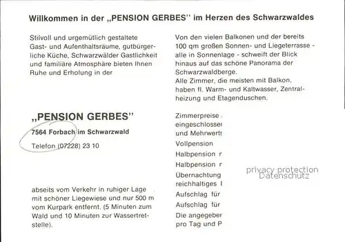 Forbach Baden Pension Gerbes Kat. Forbach