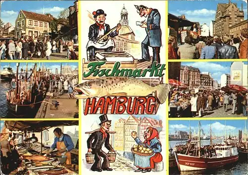 Hamburg Fischmarkt Fischkutter Fischverkaeufer Karikaturen Kat. Hamburg