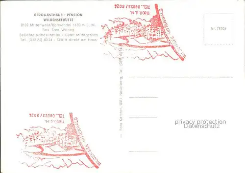 Mittenwald Bayern Berggasthaus Pension Wildensee Huette Teilansichten Kat. Mittenwald