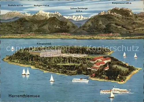 Herrenchiemsee Herreninsel mit Koenigsschloss Fliegeraufnahme Kat. Chiemsee