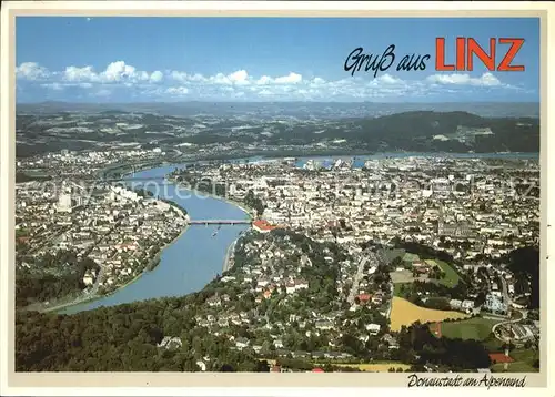 Linz Donau mit Donauschleife Muehlviertel OT Uferfahr Fliegeraufnahme Kat. Linz