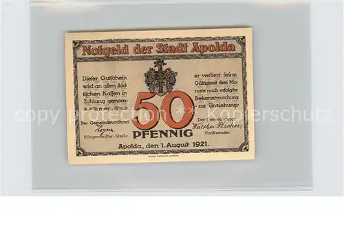 Apolda Stadtansicht 50 Pfennig Kat. Apolda