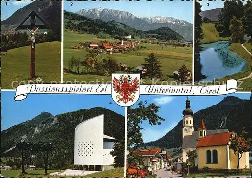 Erl Tirol Feldkreuz Panorama mit Wilden und Zahmen Kaiser Blaue Quelle Passionsspielhaus Strassenpartie Kat. Erl