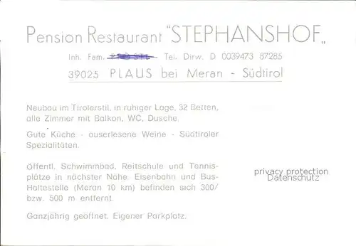 Plaus Meran Pension Restaurant Stephanshof Kat. Merano