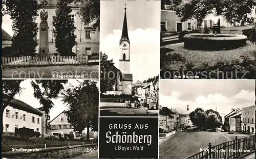 Schoenberg Bayerischer Wald Kriegerdenkmal Kirche Brunnen Strassenpartie