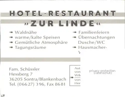 Blankenbach Sontra Hotel Restaurant Zur Linde Kat. Sontra