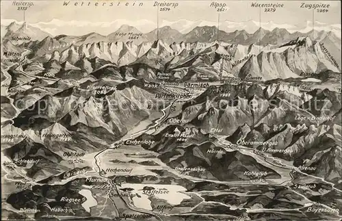 Garmisch Partenkirchen Panoramakarte Ammer  und Loisachtal mit Zugspitzgebiet Kat. Garmisch Partenkirchen