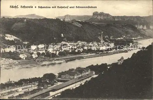 Schandau Bad mit Bahnhof und Schrammsteinen Elbe Elbsandsteingebirge Kat. Bad Schandau