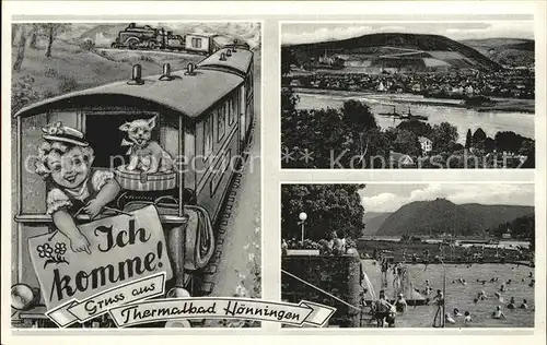 Hoenningen Bad Panorama Rhein Schwimmbad Eisenbahn Maedchen Hund Leporello Kat. Bad Hoenningen