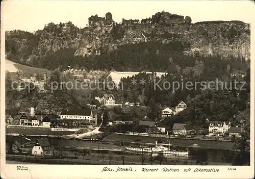 Rathen Saechsische Schweiz Blick ueber die Elbe mit Lokomotive Felsformation Elbsandsteingebirge Kat. Rathen Sachsen