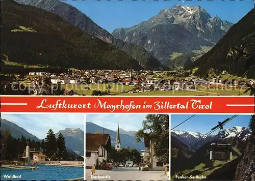 Mayrhofen Zillertal Waldbad Dorfpartie Penken Seilbahn Panorama Kat. Mayrhofen