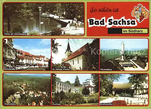 Bad Sachsa Harz Partie am Schmelzteich Schulstrasse Nikolaikirche Ravensberg Kat. Bad Sachsa