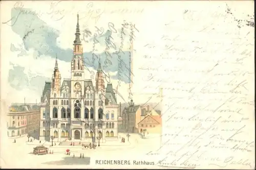 Reichenberg Rathaus Strassenbahn Litho x