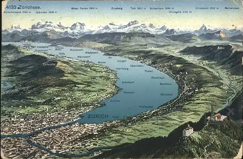 Zuerich uebersichtskarte Zuerichsee und Umgebung Alpenpanorama / Zuerich /Bz. Zuerich City