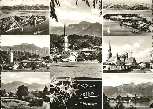 Prien Fraueninsel Kloster Frauenwoerth Herrenchiemsee Ortsansicht mit Kirche Alpenpanorama Edelweiss Kat. Prien a.Chiemsee