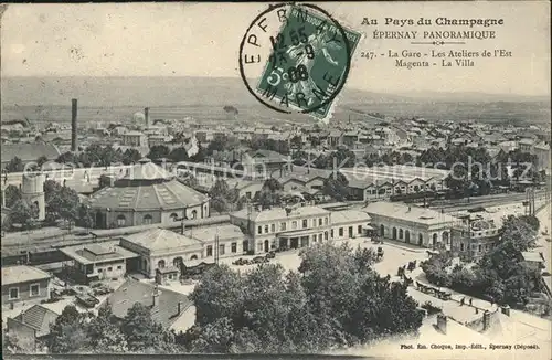 Epernay Vue panoramique Gare Ateliers de l Est Magenta La Villa Stempel auf AK Kat. Epernay