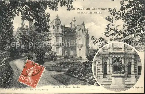 Epernay Chateau Perrier Le Piqueur Monument Stempel auf AK Kat. Epernay