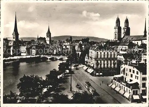 Zuerich Altstadt Kirche Turm Limmat Bruecke Strassenbahn / Zuerich /Bz. Zuerich City