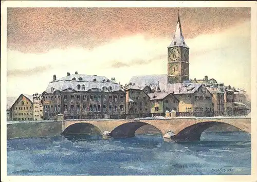 Zuerich St. Peterskirche mit Meise Helmhausbruecke Kuenstlerkarte Aquarell Hugo Frey Kupfertiefdruck / Zuerich /Bz. Zuerich City