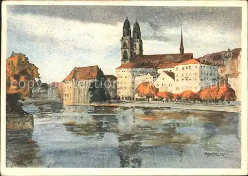Zuerich Grossmuenster mit Wasserkirche Aquarell / Zuerich /Bz. Zuerich City