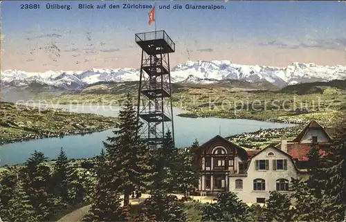 Uetliberg Zuerich Aussichtsturm mit Zuerichseeblick und Glarneralpen Kat. Uetliberg