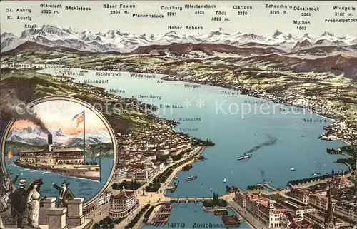 Zuerichsee und Umgebung Relief Panoramakarte Faehrschiff / Zuerich /Bz. Zuerich City