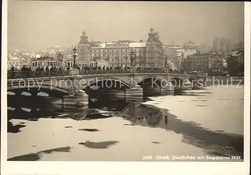 Zuerich Quaibruecke mit Seegefroerne 1929 See zugefroren Strassenbahn / Zuerich /Bz. Zuerich City