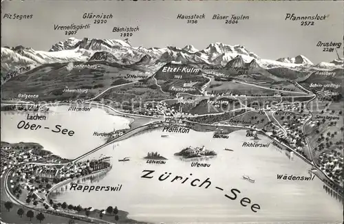 Zuerichsee mit Obersee Gebiets Panoramakarte / Zuerich /Bz. Zuerich City