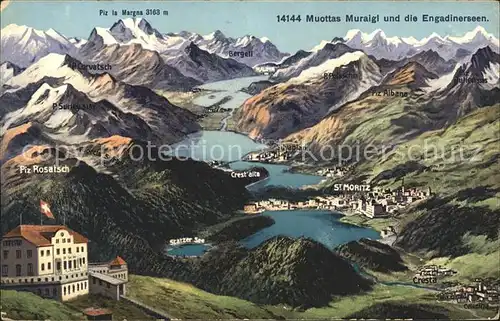 Muottas Muraigl mit Engadiner Seen Relief Panoramakarte Kat. Muottas Muraigl