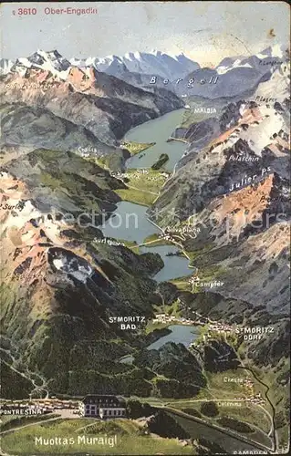 Muottas Muraigl mit Oberengadiner Seen Relief Panoramakarte Kat. Muottas Muraigl