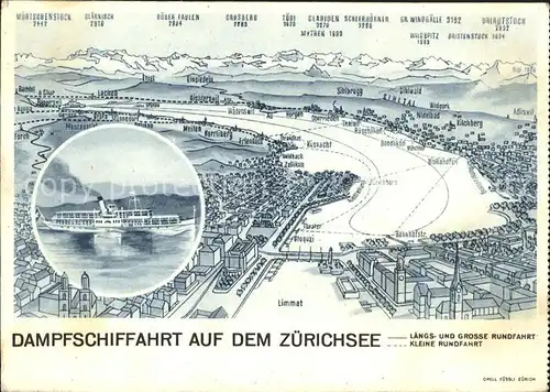 Zuerichsee mit Limmat Dampfschifffahrt Panoramakarte / Zuerich /Bz. Zuerich City