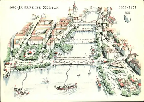 Zuerich 600 Jahr Feier Stadtbild Zeichnung / Zuerich /Bz. Zuerich City